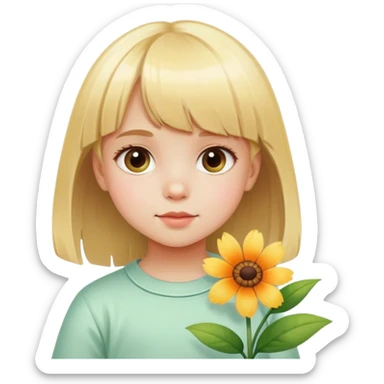  little girl with blonde bangs paints a flower sticker