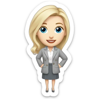 pale skin woman interior designer with cold blonde middle length hair, blue eyes, White blouse, Gray oversize jacket, Gray skirt holding a color palette in the hands sticker
