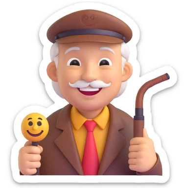 3D smiley emoji, round shape, grandfather with pipe, brown color, smiling face sticker