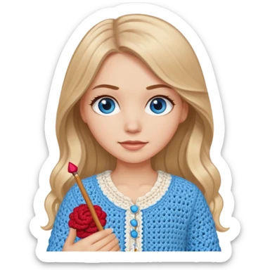 White Girl with long light brown slightly blonde ish hair and blue eyes who likes crocheting clothes sticker
