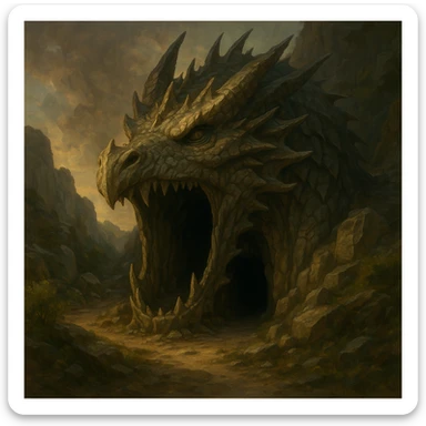 giant dragon head as a cave entrance, fantasy art style sticker