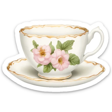 White teacup with baby pink floral antique print  sticker