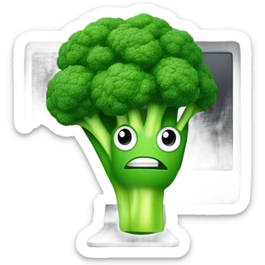 Generate a creative broccoli emoji sitting in front of a computer with a stylus, designing something on a screen. sticker