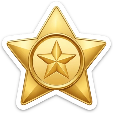 JUST THE CIRCLE golden medal in star shape, central empty space, details in border, golden sticker