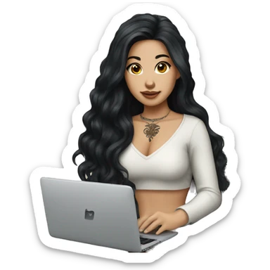 beautiful girl, with tattoos, with long black hair, wavy hair, chinese, with laptop sticker