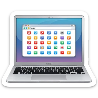 laptop emoji with homepage layout on screen showing small symbols for art, music, and design sticker