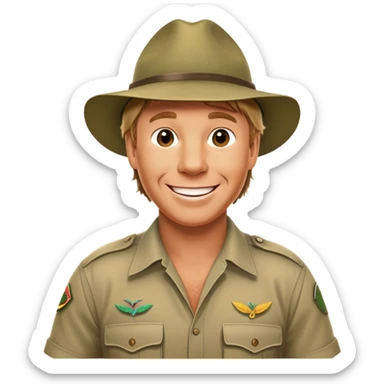 Cinematic Realistic Steve Irwin Portrait Emoji, depicted as a passionate wildlife expert in his signature khaki attire with an enthusiastic smile and a backdrop of the Australian outback, rendered with vibrant textures and dynamic natural lighting that captures his adventurous spirit. sticker