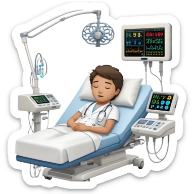 Hospital room with sleep study setup, hospital bed with sleeping patient, doctor in white coat, EEG machine, brain wave monitors, and hospital equipment sticker