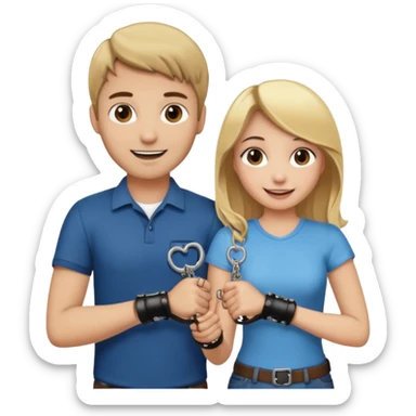 a blonde girl holding handcuffs with her brown haired boyfriend  sticker
