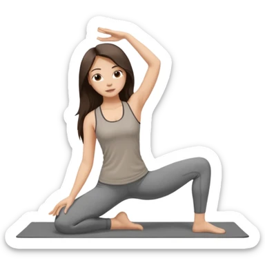 a brunette girl doing yoga, she is wearing a grey fit and she has dark brown long, straight and loose hair.  sticker