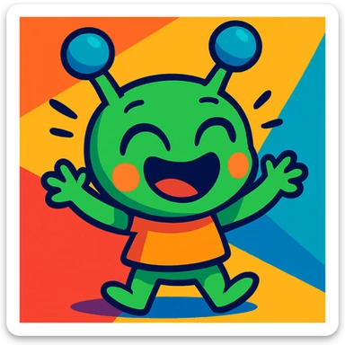cute cartoon alien showing happiness, vibrant toon style, colorful, expressive, joyful sticker