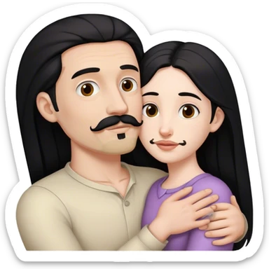 Tall pale man with brown mustache and goatee hugging small pale woman long black hair sticker