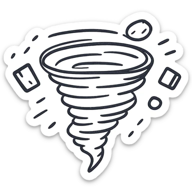 tornado with flying debris, hand drawn black outline icon, no fill, minimalistic sticker