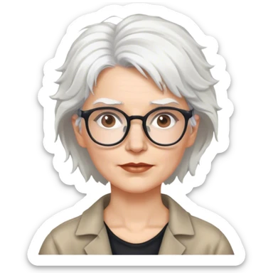 White woman anthropologist with messy cropped white hair with glasses brown brows sticker