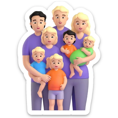 family with blond dad, brunette mom, blonde son, daughter with black hair, and a baby sticker