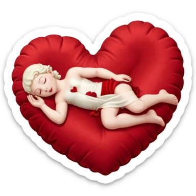 A lifelike photograph shows a pale Cupid sleeping on a giant, soft, heart-shaped cushion. sticker