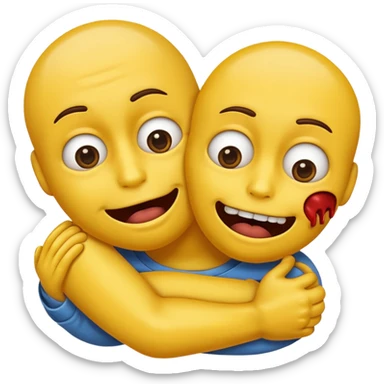 Normal yellow emoji but cross eyes with dead looking mouth with younger hanging out with arms chocking itself sticker