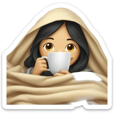 Asian girl inside a blanket sipping coffee eyes closed black hair sticker
