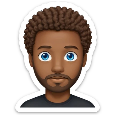 black man with brown curly hair and blue eyes facial hair black shirt sticker