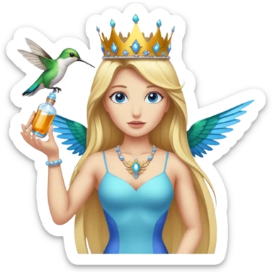 full body woman long blonde hair blue eyes white skin muscular build hummingbird crown and nectar flask sticker
