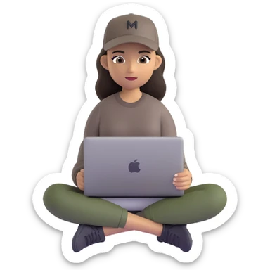 A professional 3D avatar of a young woman with olive skin and long, dark brown hair, wearing a dark, long-sleeved dark taupe shirt and a black baseball cap. She's sitting at a sleek wooden desk, typing on a silver MacBook. sticker