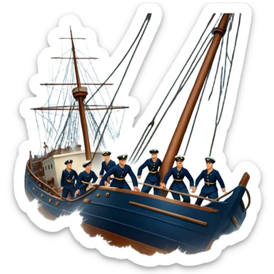 Icon for Historical Movies: Age of Great Geographical Discoveries. A vintage movie poster-style design with sailors battling a fierce storm at sea. Include crashing waves, lightning, a damaged ship, and heroic sailors gripping ropes. Intense, dramatic atmosphere. Transparent background. sticker