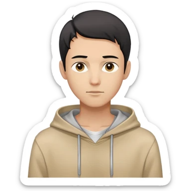 man with short black hair, slender build, light brown hoodie over white inner garment, silver necklace, calm demeanor, gentle expression, looking straight ahead sticker