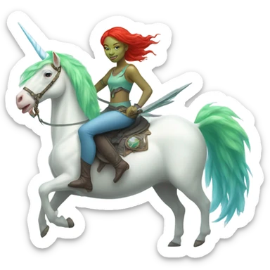 [(a light green Amazon alien woman with red hair with blue eyes) on a (four-legged white unicorn)] sticker