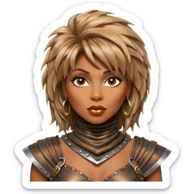 Solarpunk solar aesthetic shiny glowing divine lighting - portrait of Tina Turner in costume from the movie Mad Max Beyond Thunderdome, dramatic backlit by bronze spotlights sticker