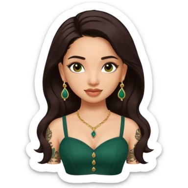 pretty bratz genmoji that looks like tamannah bhatia (bollywood actress), wearing a dark green sweetheart neckline top, dark brown hair, light makeup, no necklace, dangly earrings, side hair part, dark brown eyes, with full tattoos sticker