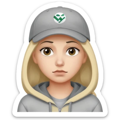Female tech developer going back to work after christmas holidays, looking tired and wearing a hoodie and a baseballcap that says "SVT Nyheter" sticker