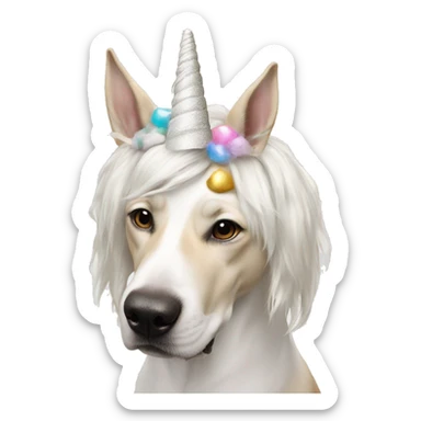 Dog with unicorn horn headband on sniffing white unicorn dust sticker