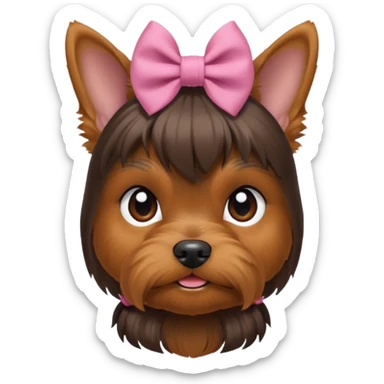 a little dar brown Yorkshire Terrier face with a ponytail on head tied with a bow. sticker