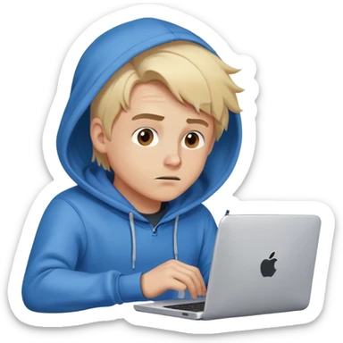 Expressive Blond man with brown eyes blue hoodie,coding, smoke coming from computer, cartoon style sticker
