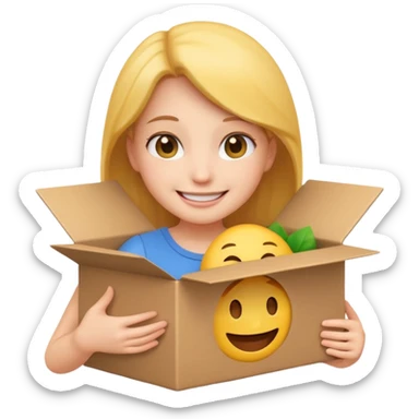 smiling and happy girl emoji holding an open box with no face, the box is clearly open and has no face or expression sticker