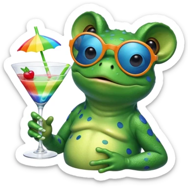 Bufo frog with blue sunglasses, sipping a rainbow cocktail, in bufo style, transparent background sticker