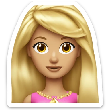 Blonde Barbie with full bangs and long hair and hazel eyes wearing a gold crown sticker
