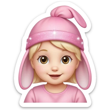 baby girl emoji, smiling with sparkles, pink bunny hat sticker