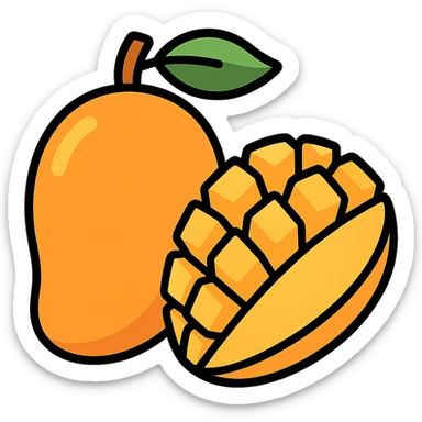 flat vector mango illustration, one whole mango and one sliced half in hedgehog style, no face, no eyes, clean minimal design, white background, high resolution, no background elements sticker