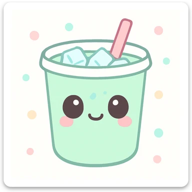 cute kawaii style iced matcha latte with a smiling face, straw, and ice cubes, pastel colors sticker