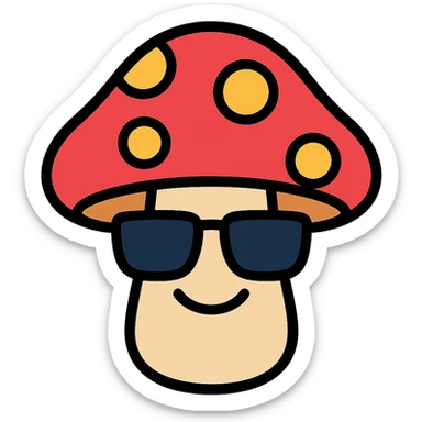 colorful icon of a mushroom with sunglasses and a smile sticker