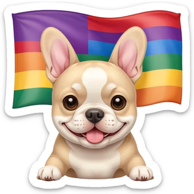 Cream French Bulldog infront of a pride flag sticker