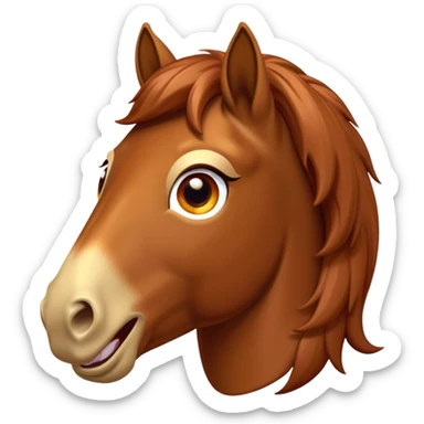 Cinematic Comical Chestnut Horse Portrait Emoji, Head tilted dramatically with an exaggeratedly amused expression, featuring a striking chestnut fur with a glossy finish and wide, expressive amber eyes filled with playful disbelief, Simplified yet hilariously expressive features, highly detailed, glowing with a slightly sassy glow, high shine, dramatic yet playful, stylized with an air of cheeky mischief, bright and endearing, soft glowing outline, capturing the essence of a spirited and over-the-top horse, so meme-worthy it feels like it could side-eye its way into internet fame instantly! sticker