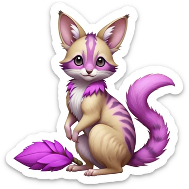 Magenta, purple-pointed, soft realistic romantic vintage antique divine beautiful elegant pretty precious cute young youthful  Fakémon-Pokémon-opossum-feline-mouse-serval-caracal-chinchilla-Minccino-Cinccino-Meowstic-rodent-hybrid-creature with a big fluffy bushy tail (full body) sticker