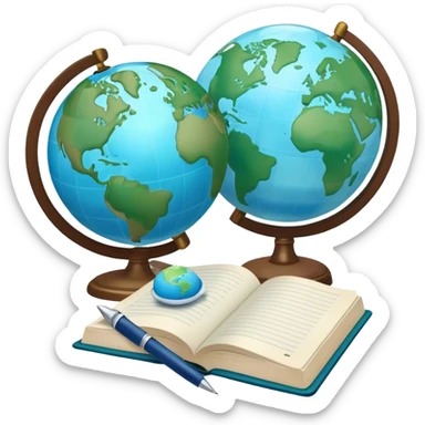 Create an emoji representing language translation. The design should feature a globe in the background, symbolizing international communication. In front of the globe, place two books or sheets of paper with texs on them and a pen nearby to indicate the act of writing. Use a clean and professional color palette with blues, greens, and neutral tones. Make the background transparent. sticker