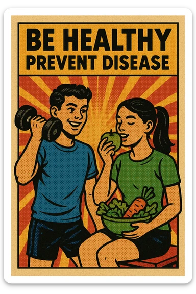 A campaign poster titled 'Be Healthy Prevent Disease' with an image of two teenagers exercising and eating healthy foods sticker