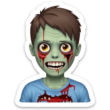 zombie boy with medium-length brown hair, white skin, and white eyes; an open smile, and bloodied teeth; sticker