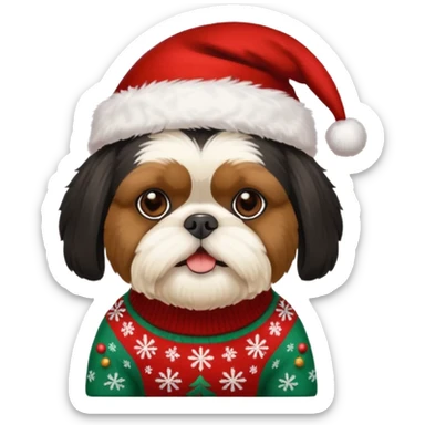 ALL BLACK FACE AND BODY SHIH TZU WITH CHRISTMAS SWEATER AND HAT sticker