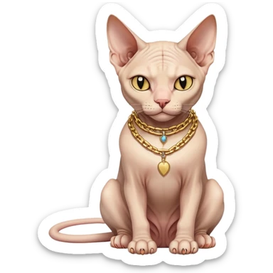 Sphynx cat full body sitting with a gold chain, one eye closed sticker