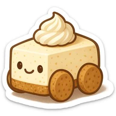 a tiny cheesecake car with graham cracker wheels, creamy cheesecake body, playful and cute, dessert-inspired sticker